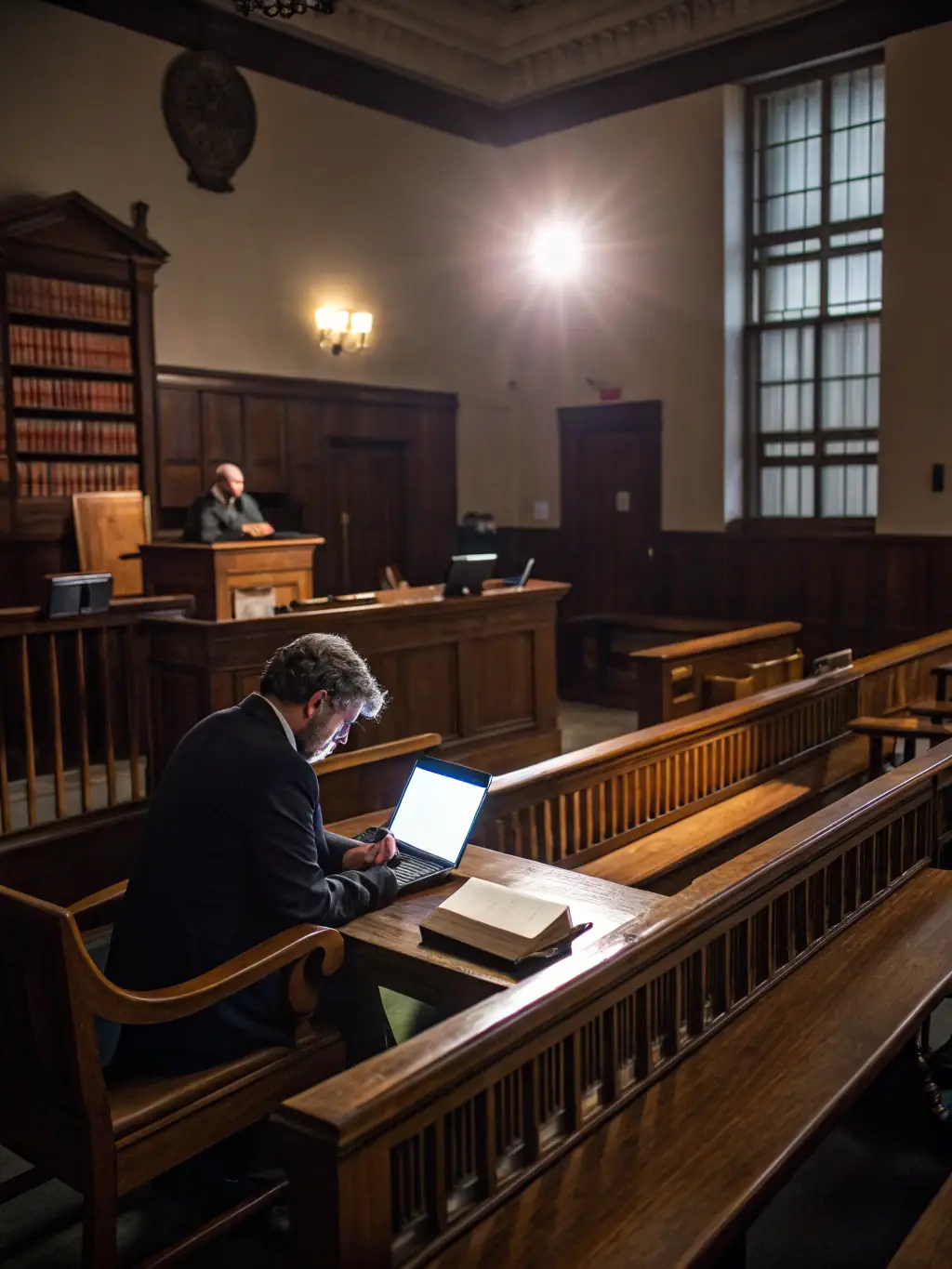 An image depicting a courtroom scene with a focus on digital evidence presentation, highlighting modern legal challenges.