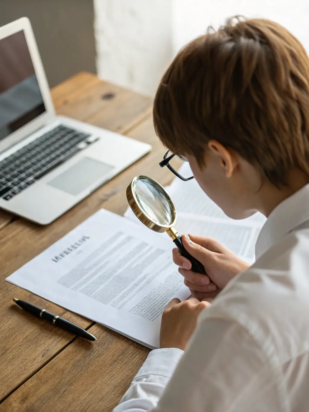 An image of a person reviewing legal documents with a magnifying glass.