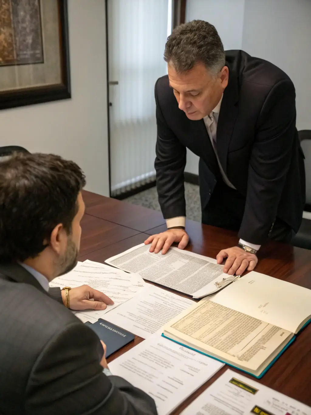 An image of a Canadian lawyer in a courtroom, advising a client.